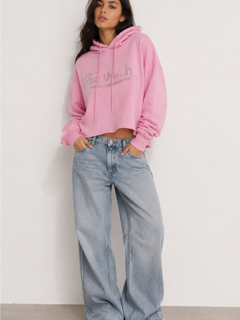 Von Dutch Baby Pink Rhinestone Logo Cropped Hoodie